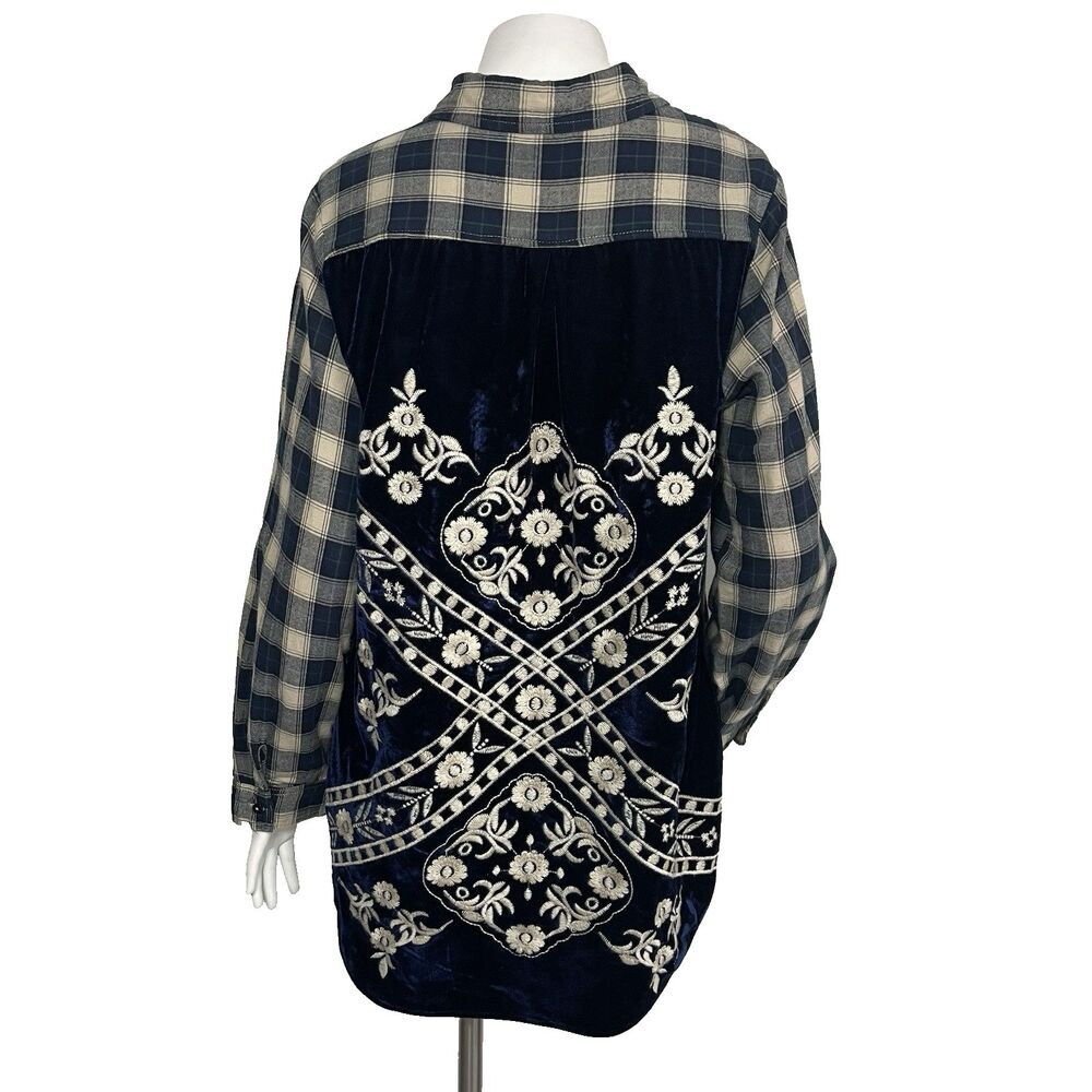 Soft Surroundings Velvet Embroidered Plaid Flannel Shirt Tunic Boho L Whimsigoth